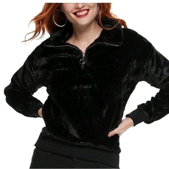 Nine West Sweaters - Nine West Womens Black Faux Fur Quarter Zip Pullover Sweater Large Ribbed Trim